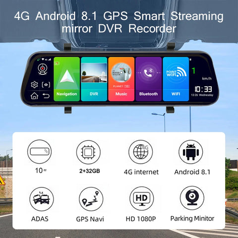 10 Inch Android 8.1 ADAS DashCam 4G 2+32GB GPS Car DVR Stream Rear mirror Camera Car Video Recorder Camera Remote monitor