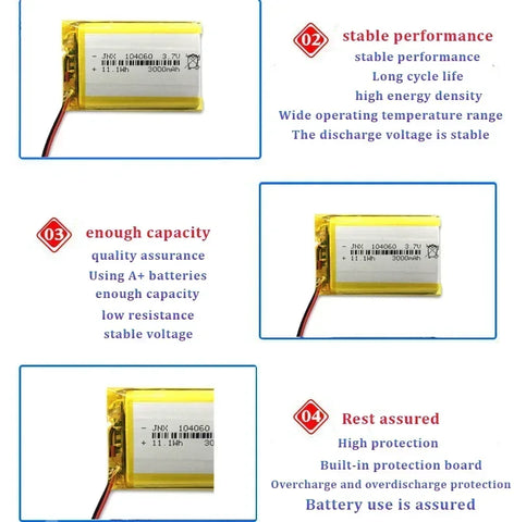 Lipo 104060 3000mAh 3.7V Polymer Lithium Battery for Humidifiers Gps Navigation Devices Smart Wearable Locator Bluetooth Speaker