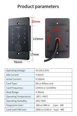 Tuya Wifi Standalone Fingerprint Access Control Keypad Metal Waterproof Backlight Embedded installation Opener Reader+M70 box