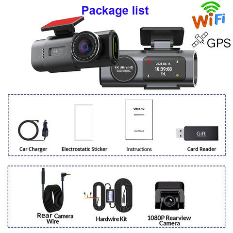 Dual Lens Dash Cam for Cars 4K Car Dvr with 1080P Rear View Cam Video Recorder GPS WIFI Car Camera Night Vision Parking Monitor