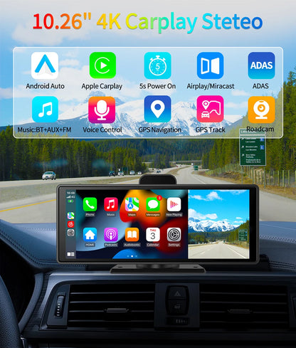 10.26" 4K Dash Cam ADAS Wireless Carplay & Android Auto Car DVR 5G WiFi GPS Navigation Rearview Camera Dashboard Video Recorder