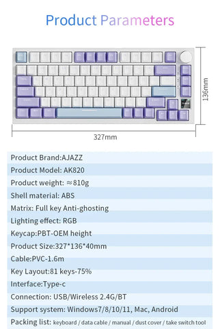 Ajazz Ak820 RGB DIY Gaming Mechanical Keyboard 82 Key Bluetooth 2.4GHz Wireless Game Custom Gasket for Pc Laptop Russian Versi