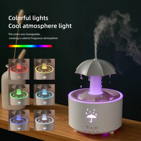 Rotating Umbrella Dynamic Raindrop Humidifier Home Desktop Essential Oil Aromatherapy Machine Seven Colours Light Remote Control