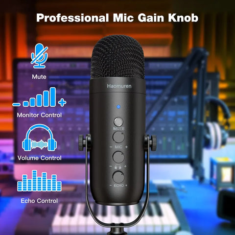 Haomuren Professional USB Streaming Podcast PC Microphone Studio Cardioid Condenser Mic Kit with Boom Arm For Recording YouTube