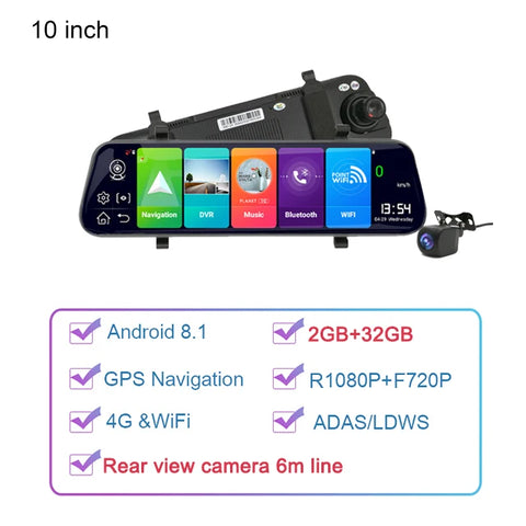 10 Inch Android 8.1 ADAS DashCam 4G 2+32GB GPS Car DVR Stream Rear mirror Camera Car Video Recorder Camera Remote monitor