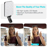 Minifocus Selfie Light, 60 LED 2200mAh Rechargeable Cell Phone Fill Light 7 Modes, 10-Level Brightness, Portable Clip on Light