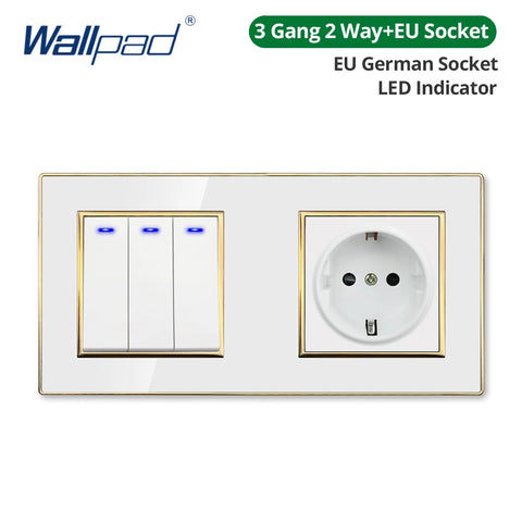 Wallpad White Acrylic Panel Gold Border Wall Light Switch LED Dimmer USB Charge EU Socket Outlet  4 5 6 7 8 Gang 2 Way Reset