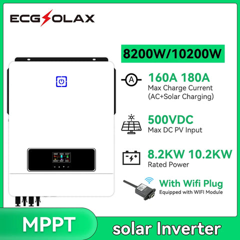 ECGSOLAX 8.2KW 10.2KW Hybrid Solar Inverter 48V 230VA MPPT 160A/180A Charging Controller PV Max 500VDC Pure Sine Wave Inverter