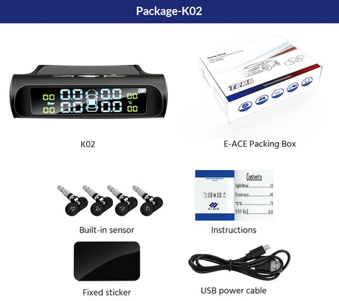 E-ACE Solar Power TPMS Car Tire Pressure Alarm Monitor System Auto Security Alarm Systems Tyre Pressure Temperature Warning