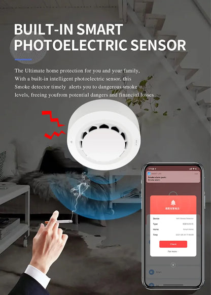 ONENUO Tuya WiFi Smoke Detector Photoelectric Sensor Fire Alarm Home Kitchen Security System Work With Smart Life APP