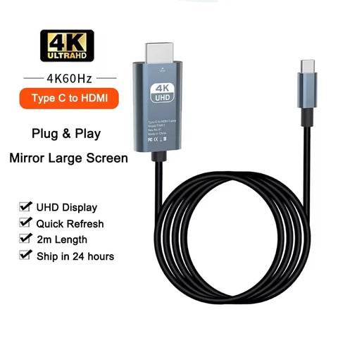 4K 60Hz NO Delay HD Video Conversion Cable Type c To HDMI-Compatible Screen TV Computer 2 Meters Screen Projection Alloy Cable