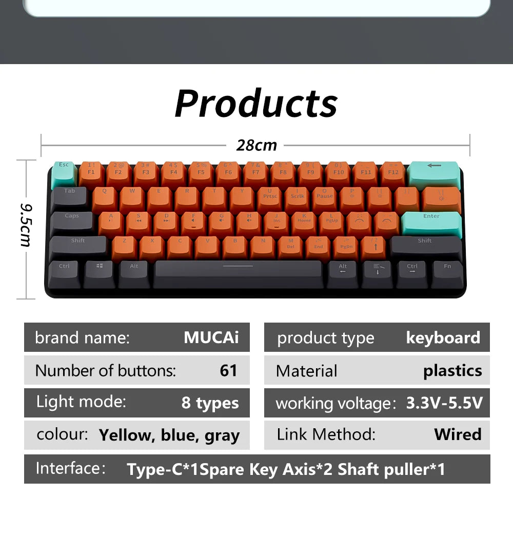 MUCAI MKA610 USB Mini Mechanical Gaming Wired Keyboard Red Switch 61 Key Gamer for Computer PC Laptop Detachable Cable