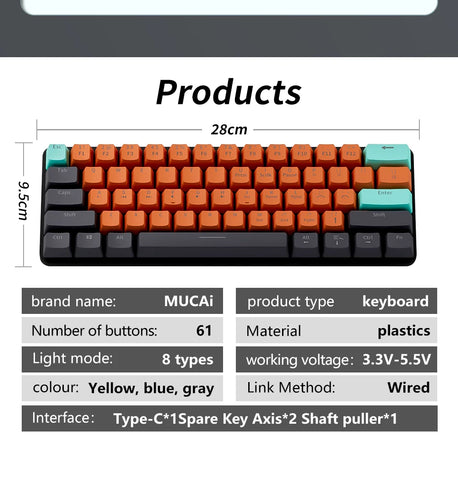 MUCAI MKA610 USB Mini Mechanical Gaming Wired Keyboard Red Switch 61 Key Gamer for Computer PC Laptop Detachable Cable