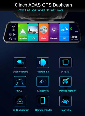 Anfilite 10" 4G ADAS CAR smart Mirror navigation WIFI Camera Android 8.1 GPS Dual lens camera 1080P Video Recorder Dash cam