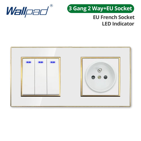 Wallpad White Acrylic Panel Gold Border Wall Light Switch LED Dimmer USB Charge EU Socket Outlet  4 5 6 7 8 Gang 2 Way Reset