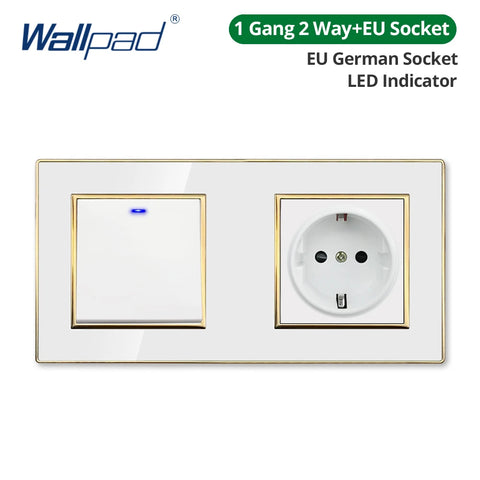 Wallpad White Acrylic Panel Gold Border Wall Light Switch LED Dimmer USB Charge EU Socket Outlet  4 5 6 7 8 Gang 2 Way Reset