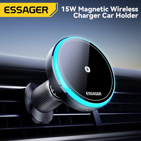 Essager Magnetic Wireless Charger Car Phone Holder 15W RGB Seven Color Light Fast Charging Mount Stand For IPhone15 14 13Android