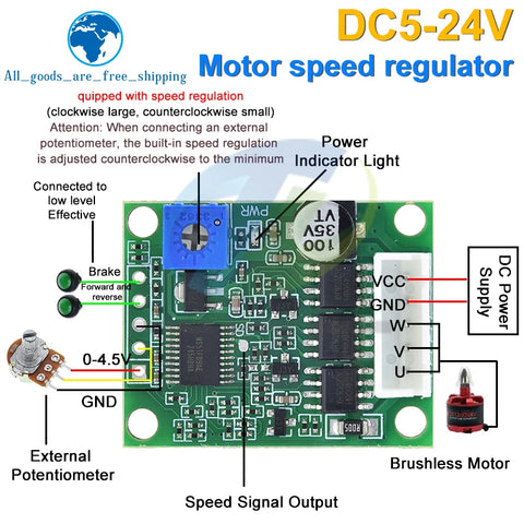 TZT DC 6-20V 60W 12V Brushless Motor Driver Board BLDC Speed Controller 3 Phase Governor Hallless Switch Module With Cable