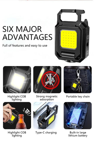 Mini LED Flashlight Keychain Light Double COB Lights USB Rechargeable Work Lights Fishing Lanterna with Magnet Built-in Battery