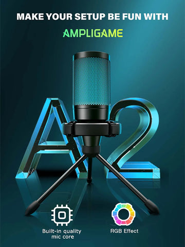 AmpliGame by FIFINE RGB USB Gaming Microphone with Light-touch Mute,Condenser Mic with Tripod for PC,PS4/5,Laptop Streaming-A2