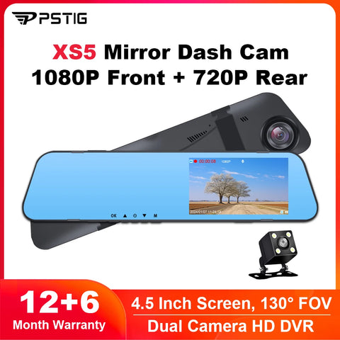 PSTIG XS5 HD 1080P 4.5 Inch Mirror Recorder Mirror Car Dash Cam Dual Lens Video Black Box Car DVR Dash Camera Loop Recording