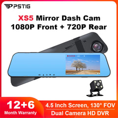 PSTIG XS5 HD 1080P 4.5 Inch Mirror Recorder Mirror Car Dash Cam Dual Lens Video Black Box Car DVR Dash Camera Loop Recording