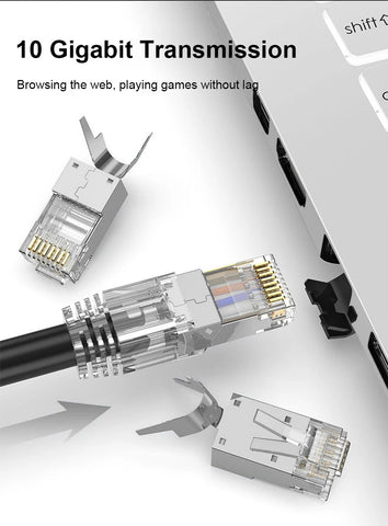 CAT5E/6/7,Rj45 shielded through connector module straight plug,UTP 3/50μgold plated 8P8C, Ethernet LAN cable crimp terminal