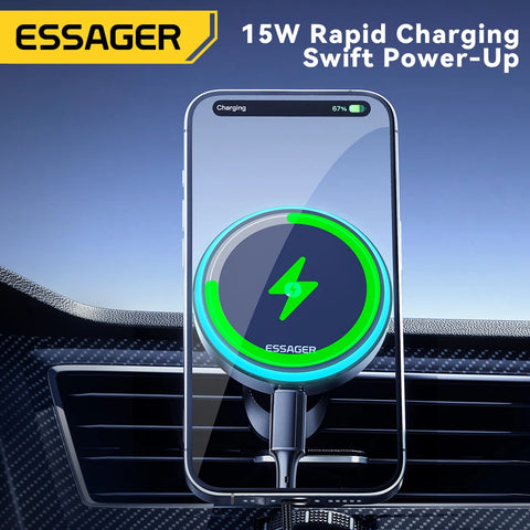 Essager Magnetic Wireless Charger Car Phone Holder 15W RGB Seven Color Light Fast Charging Mount Stand For IPhone15 14 13Android