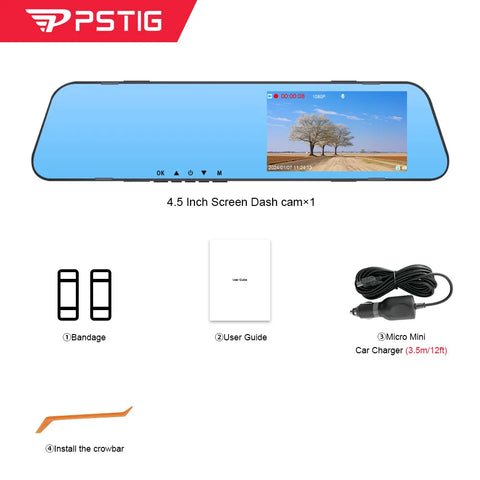 PSTIG XS5 HD 1080P 4.5 Inch Mirror Recorder Mirror Car Dash Cam Dual Lens Video Black Box Car DVR Dash Camera Loop Recording