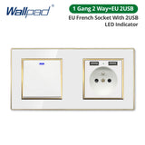 Wallpad White Acrylic Panel Gold Border Wall Light Switch LED Dimmer USB Charge EU Socket Outlet  4 5 6 7 8 Gang 2 Way Reset