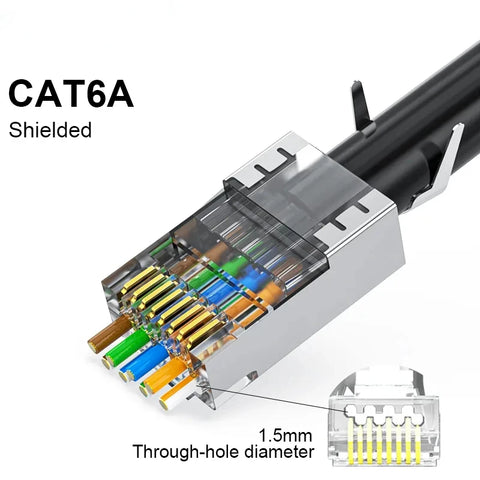 CAT5E/6/7,Rj45 shielded through connector module straight plug,UTP 3/50μgold plated 8P8C, Ethernet LAN cable crimp terminal