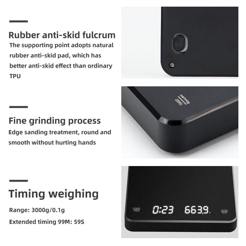 Electronic Timing Coffee Scale 3kg 0.1g Smart Drip Coffee Scales Type-C Charging Coffee Weight with Timer Kitchen Weighing Tools