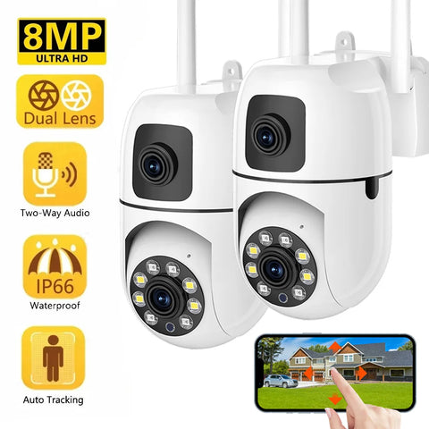 8MP Dual Lens WiFi Camera Dual Screen Wifi Surveillance Camera Outdoor Waterproof Auto Tracking Security Wireless Cameras