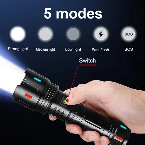 20000000LM Most Powerful LED Flashlight USB Rechargeable Lamp 900W LED Flashlights Super Bright Zoomable Torch Long Shot 4000M