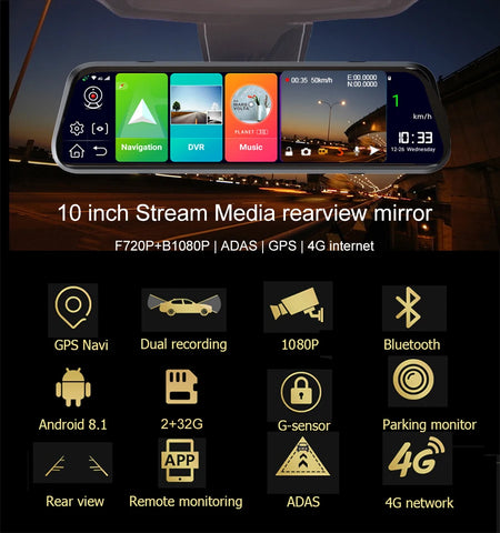 10 Inch Android 8.1 ADAS DashCam 4G 2+32GB GPS Car DVR Stream Rear mirror Camera Car Video Recorder Camera Remote monitor