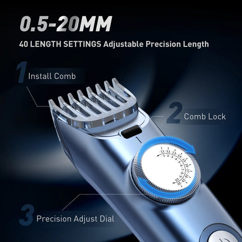 Adjustable Beard Trimmer for Men, Cordless Hair Mustache Trimmer with Precision Dial, 2 Combs, Glacier Blue