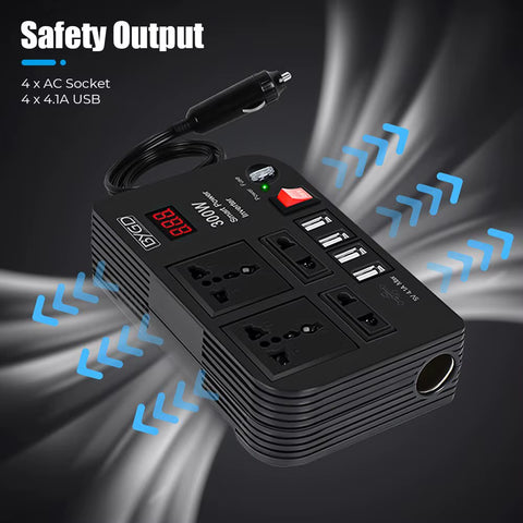 Overload Protection Car Inverter 4 AC Sockets 4 USB Ports ON/OFF Switch with Fuse 300W DC 12V to AC 220V Converter Power Adapter