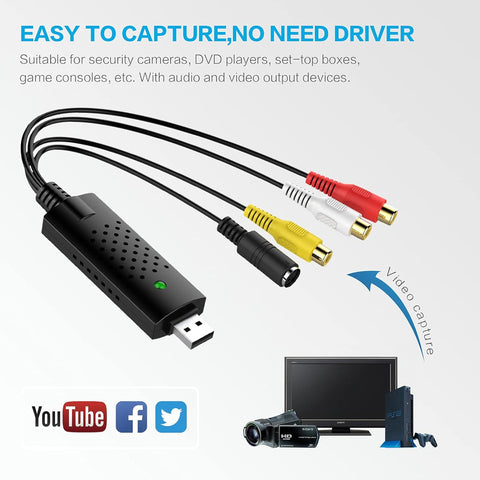 USB Audio Video Capture Card, Video Grabber VHS VCR TV to DVD Converter Adapter for Windows PC