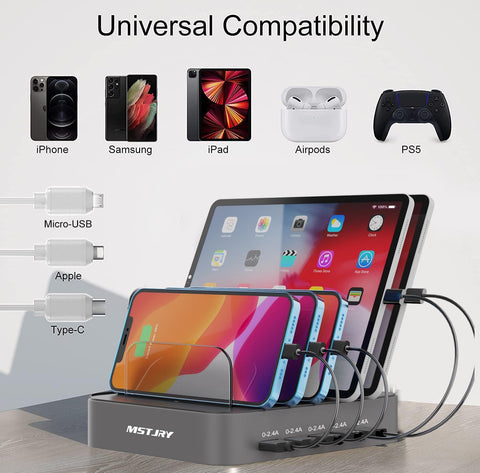 Charging Station for Multiple Devices : 5 Port Multi USB-A Charger Stations Multi-Device Organizer Charging Dock Designed for Iphone Ipad Cell Phone Tablets (7 Short Cables Included), Gray