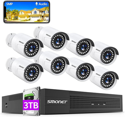 5MP Poe CCTV Cameras Security System with Audio 3TB Hard Drive,  8CH Home Surveillance NVR Kits, Clearer than DVR, 8Pcs Wired Indoor Outdoor IP Cameras AI Human Detection Night Vision,Free APP