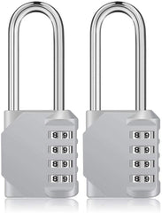 Pack of 2 Long Shackle Padlocks - Weatherproof Resettable 4-Digit Combination Locks for School, Gym, Employee Locker, Outdoor Fence - Silve