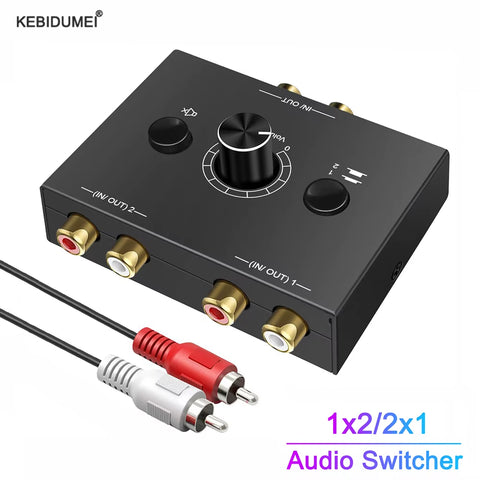 Audio Switcher Splitter Bi-Directional Audio Switcher with Mute Button 2X1 / 1X2 L / R RCA Stereo Audio Switch Audio Splitter