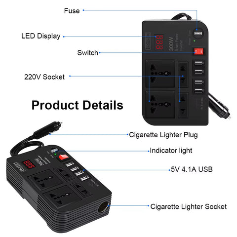 Overload Protection Car Inverter 4 AC Sockets 4 USB Ports ON/OFF Switch with Fuse 300W DC 12V to AC 220V Converter Power Adapter