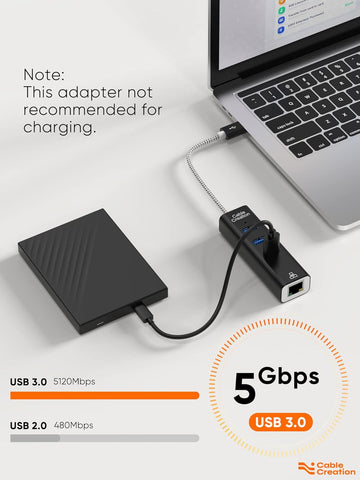 USB to Ethernet Adapter,  3-Port USB 3.0 Hub, USB 3.0 Ethernet Adapter RJ45 10/100/1000 Mbps Gigabit Compatible with Windows PC, Laptop, Macbook Pro, USB Flash Drives Etc, Aluminum Black