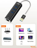 USB to Ethernet Adapter,  3-Port USB 3.0 Hub, USB 3.0 Ethernet Adapter RJ45 10/100/1000 Mbps Gigabit Compatible with Windows PC, Laptop, Macbook Pro, USB Flash Drives Etc, Aluminum Black