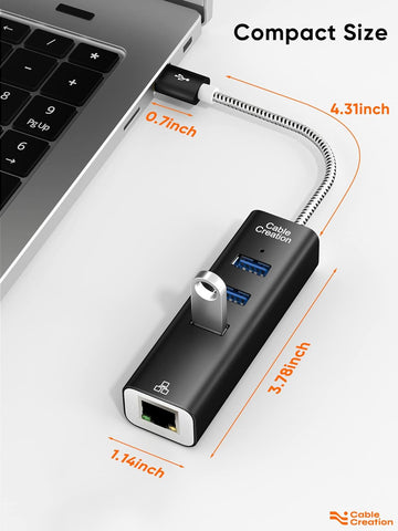 USB to Ethernet Adapter,  3-Port USB 3.0 Hub, USB 3.0 Ethernet Adapter RJ45 10/100/1000 Mbps Gigabit Compatible with Windows PC, Laptop, Macbook Pro, USB Flash Drives Etc, Aluminum Black